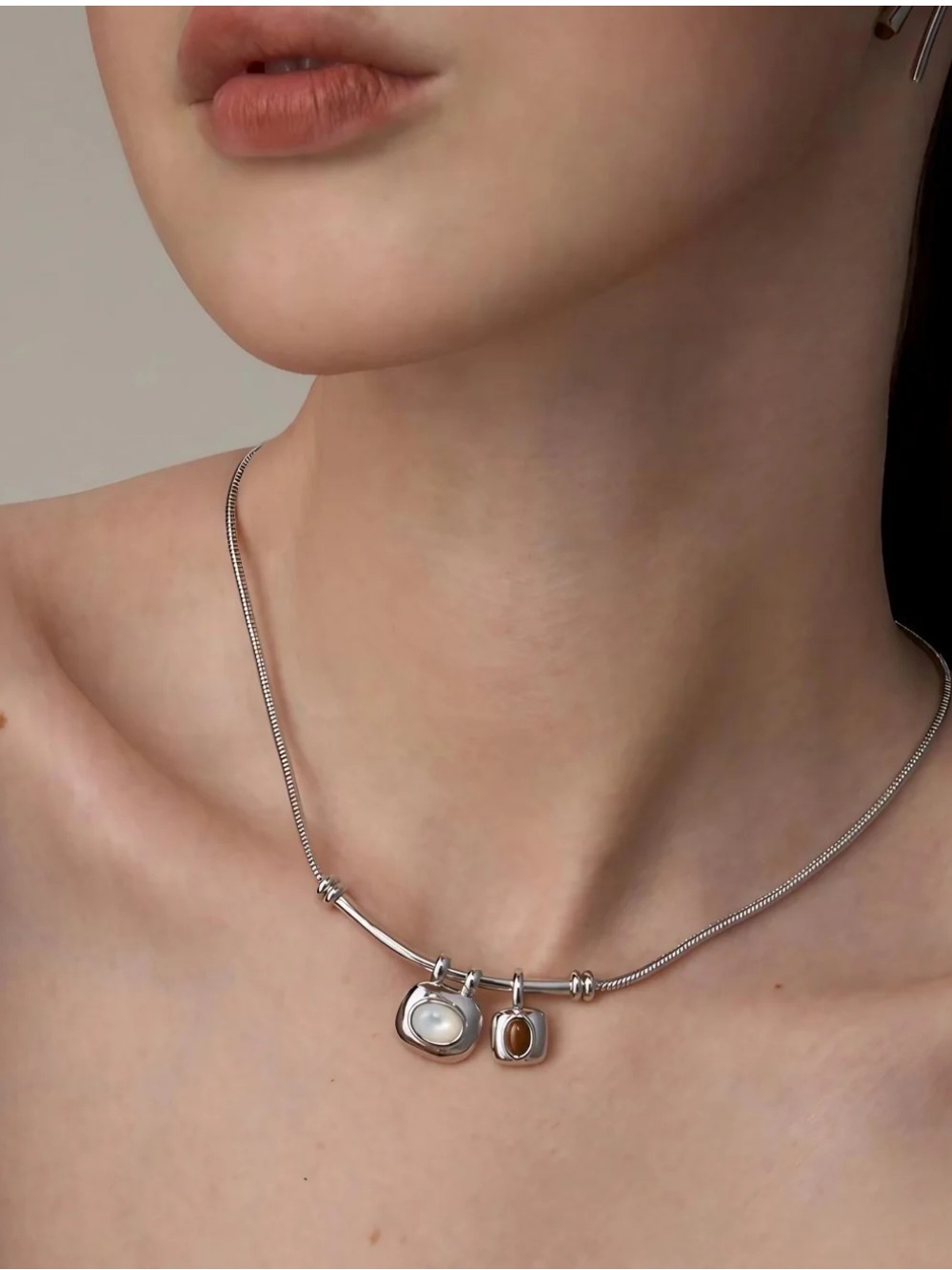 Silver Geometric Gemstone Pendant Necklace - Women's Jewelry